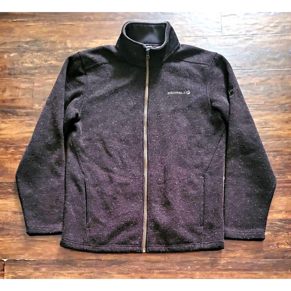 Merrell Mens Black Size S Full Zip Wool Blend Fleece Jacket Stand-Up Collar
